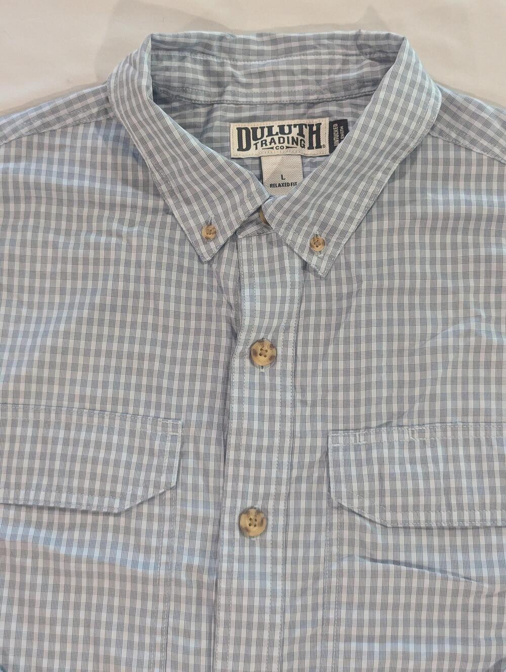 Duluth Trading Co Shirt Mens L Blue Check Long Sleeve Button Up Relaxed Fit